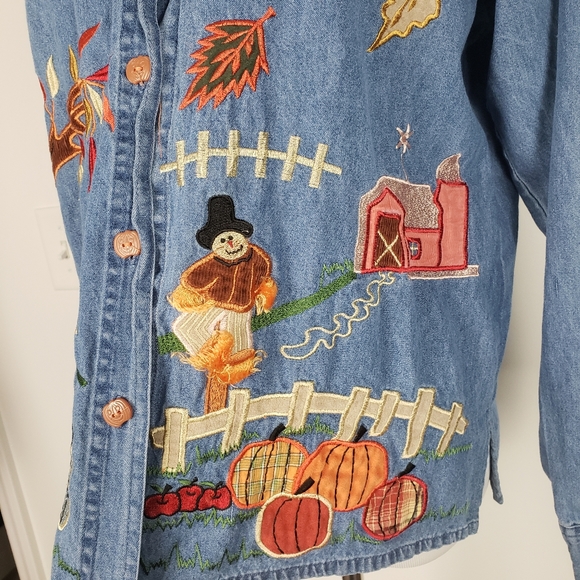 Vintage denim Bluejean fall embroidered pumpkin button up long sleeve shirt M - Picture 8 of 9